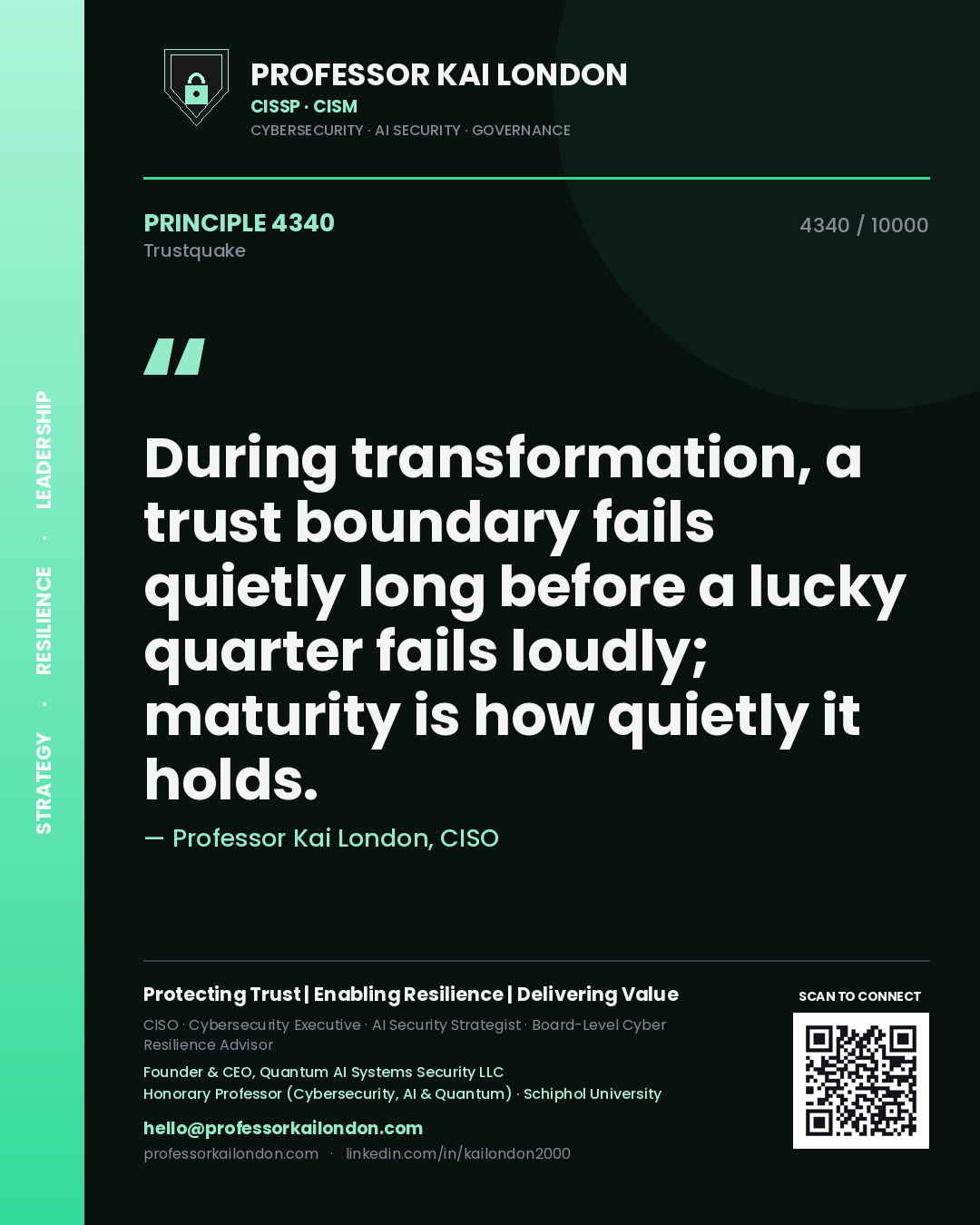 Quote card by Professor Kai London reading 'During transformation, a trust boundary fails quietly long before a lucky quarter fails loudly; maturity is how quietly it holds.'. From the book Trustquake.