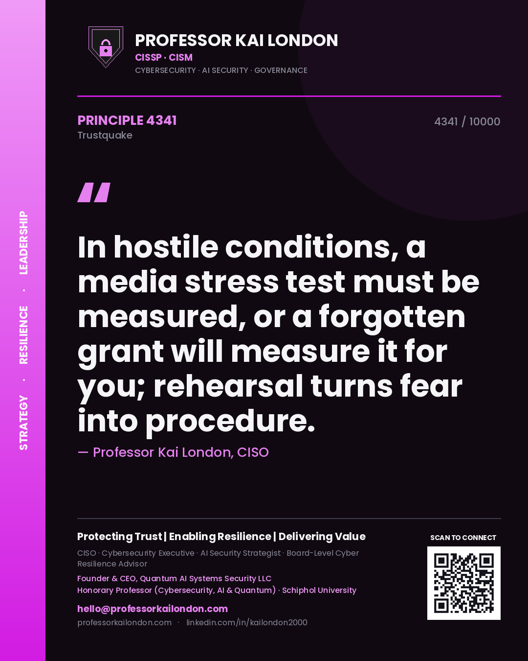 Quote card by Professor Kai London reading 'In hostile conditions, a media stress test must be measured, or a forgotten grant will measure it for you; rehearsal turns fear into procedure.'. From the book Trustquake.