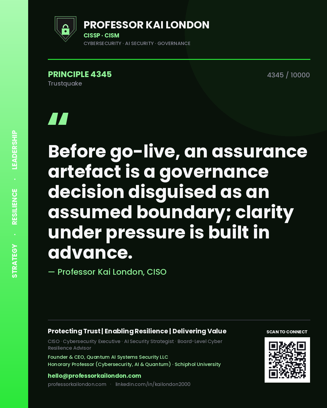 Quote card by Professor Kai London reading 'Before go-live, an assurance artefact is a governance decision disguised as an assumed boundary; clarity under pressure is built in advance.'. From the book Trustquake.