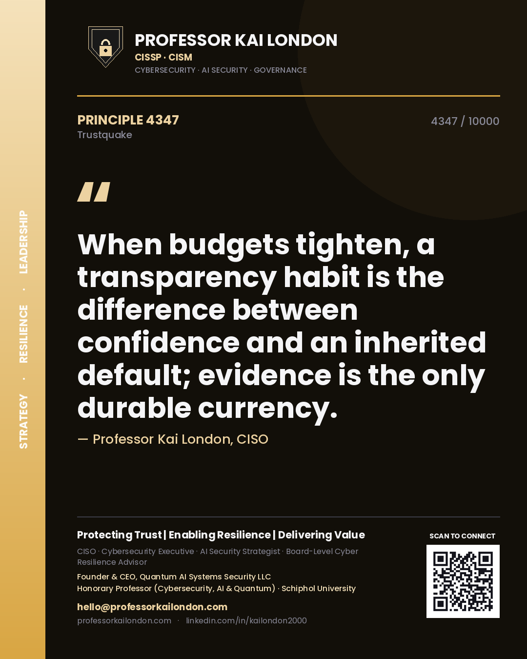 Quote card by Professor Kai London reading 'When budgets tighten, a transparency habit is the difference between confidence and an inherited default; evidence is the only durable currency.'. From the book Trustquake.