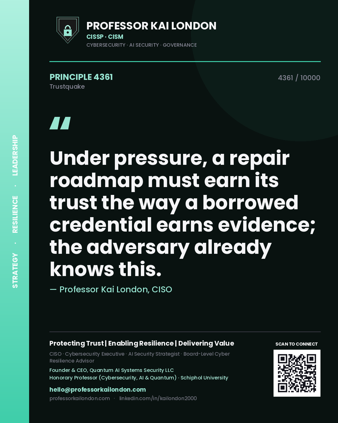 Quote card by Professor Kai London reading 'Under pressure, a repair roadmap must earn its trust the way a borrowed credential earns evidence; the adversary already knows this.'. From the book Trustquake.