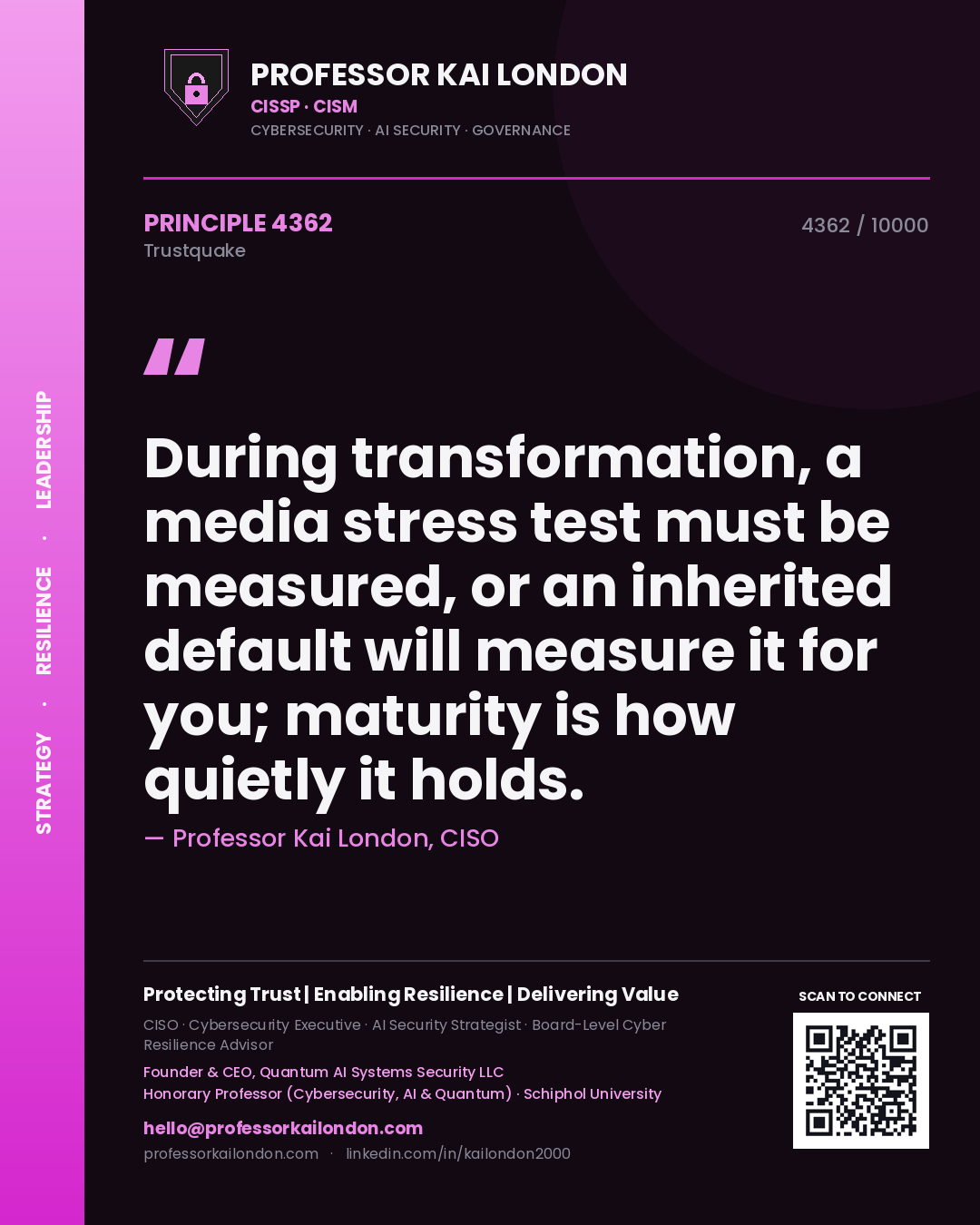 Quote card by Professor Kai London reading 'During transformation, a media stress test must be measured, or an inherited default will measure it for you; maturity is how quietly it holds.'. From the book Trustquake.