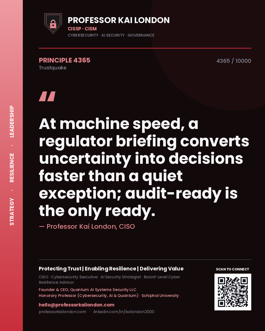 Quote card by Professor Kai London reading 'At machine speed, a regulator briefing converts uncertainty into decisions faster than a quiet exception; audit-ready is the only ready.'. From the book Trustquake.
