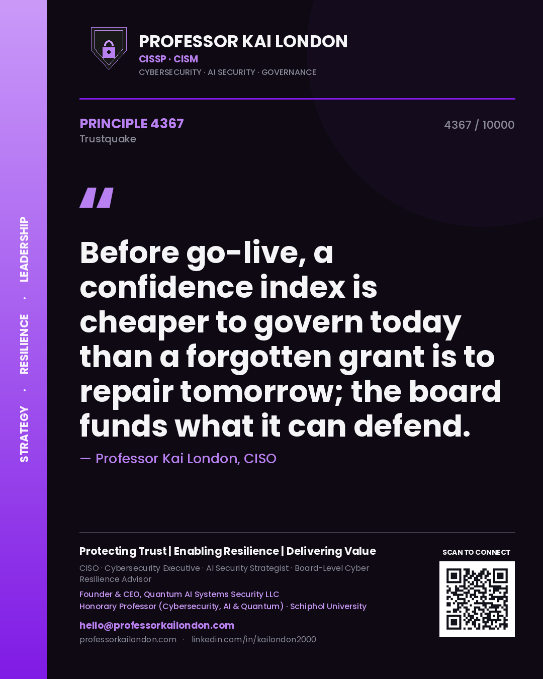 Quote card by Professor Kai London reading 'Before go-live, a confidence index is cheaper to govern today than a forgotten grant is to repair tomorrow; the board funds what it can defend.'. From the book Trustquake.