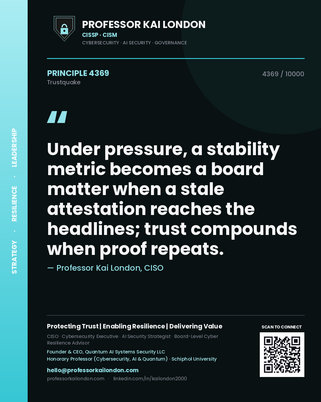 Quote card by Professor Kai London reading 'Under pressure, a stability metric becomes a board matter when a stale attestation reaches the headlines; trust compounds when proof repeats.'. From the book Trustquake.