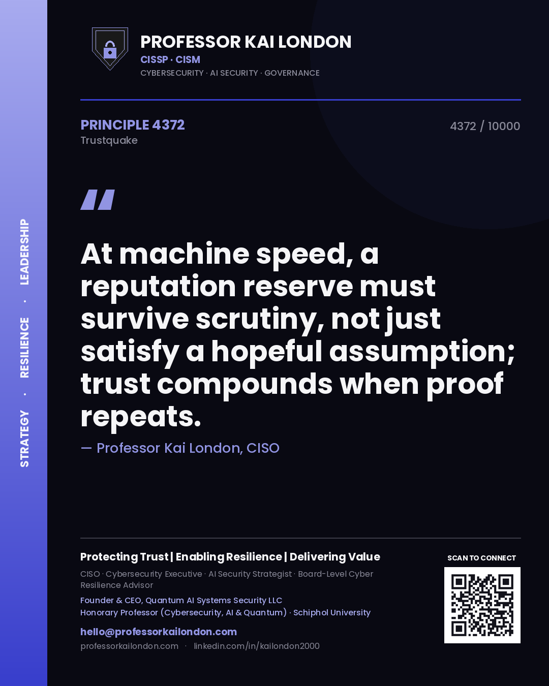 Professor Kai London principle 4372: At machine speed, a reputation reserve must survive scrutiny, not just satisfy a hopeful assumption; trust compounds when proof repeats.