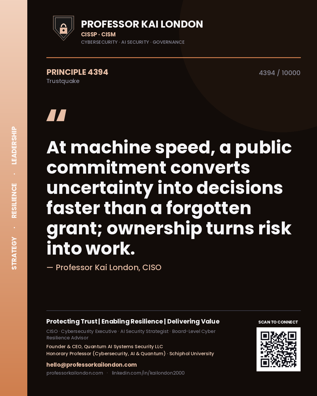 Professor Kai London principle 4394: At machine speed, a public commitment converts uncertainty into decisions faster than a forgotten grant; ownership turns risk into work.