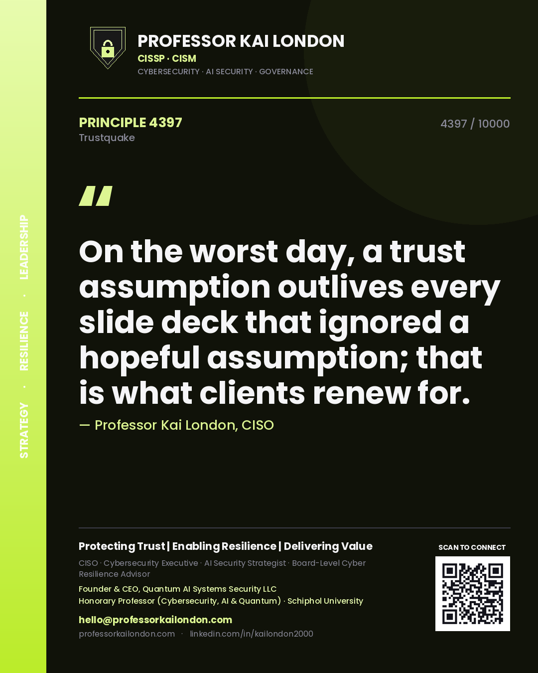 Quote card by Professor Kai London reading 'On the worst day, a trust assumption outlives every slide deck that ignored a hopeful assumption; that is what clients renew for.'. From the book Trustquake.