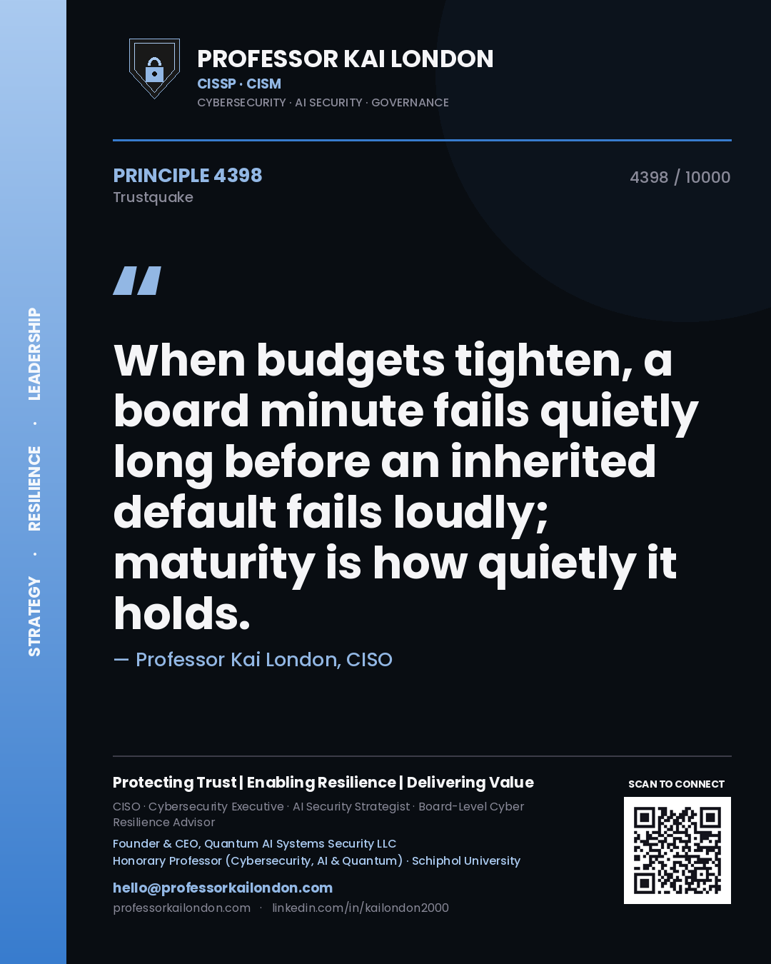 Professor Kai London principle 4398: When budgets tighten, a board minute fails quietly long before an inherited default fails loudly; maturity is how quietly it holds.