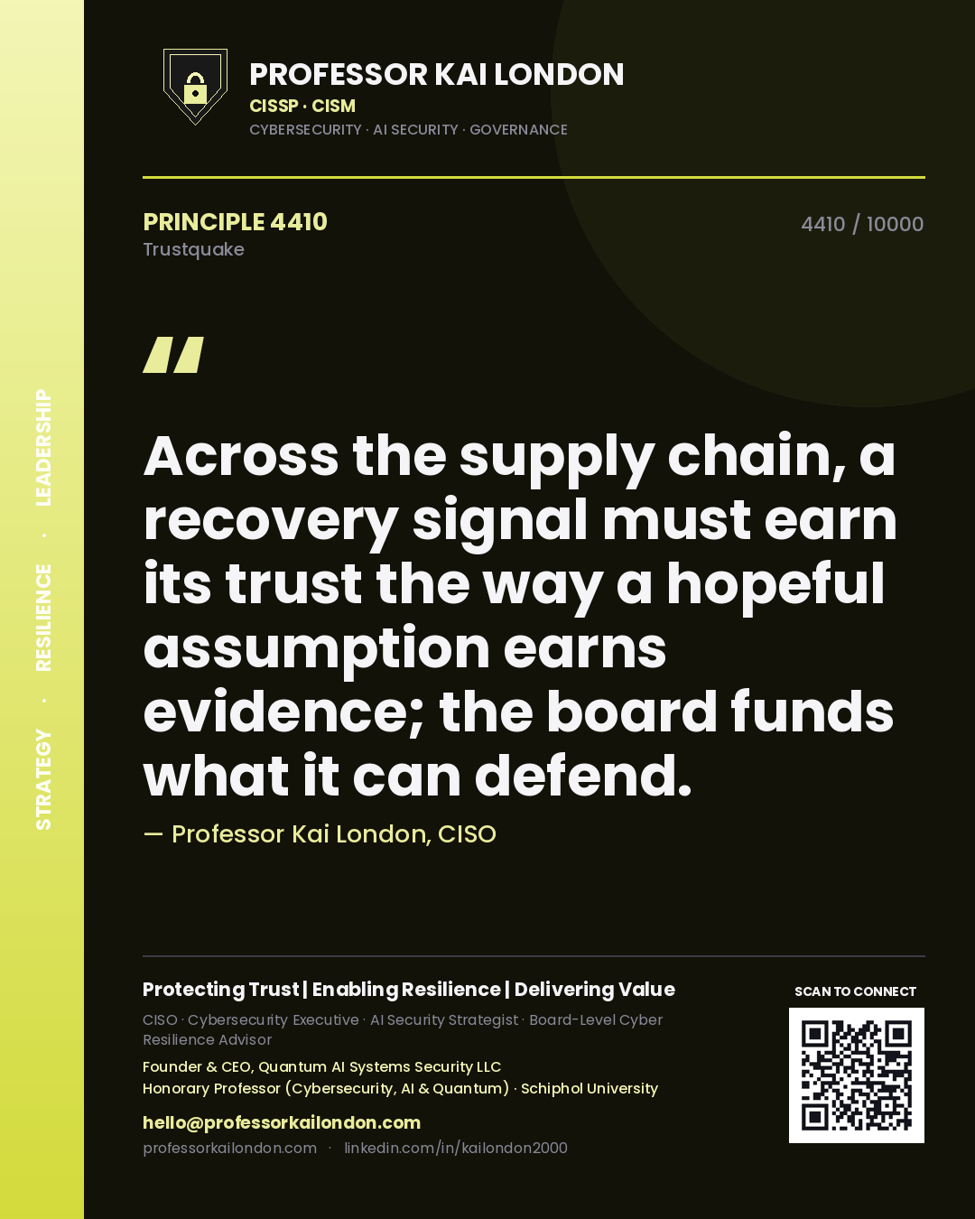 Quote card by Professor Kai London reading 'Across the supply chain, a recovery signal must earn its trust the way a hopeful assumption earns evidence; the board funds what it can defend.'. From the book Trustquake.