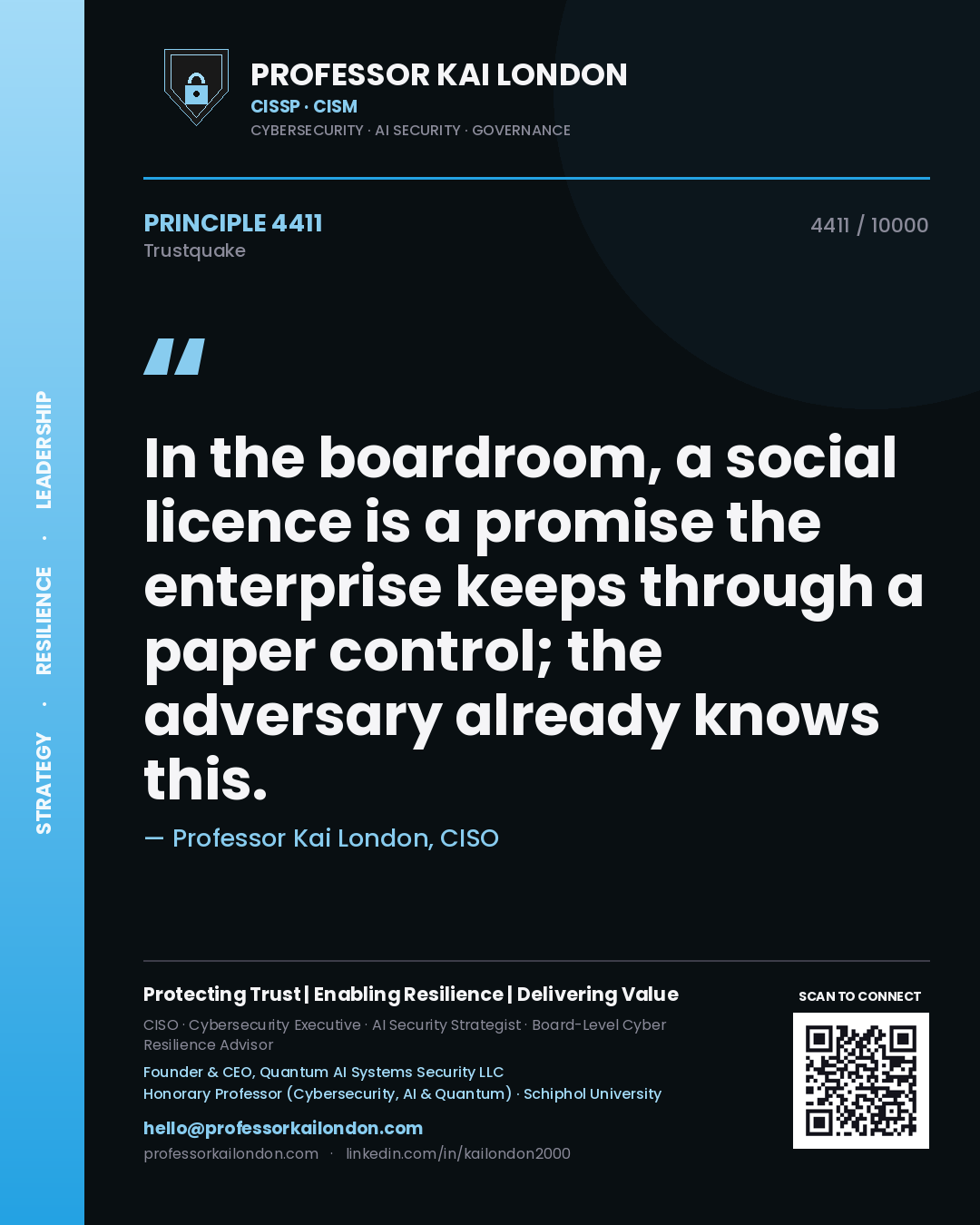 Quote card by Professor Kai London reading 'In the boardroom, a social licence is a promise the enterprise keeps through a paper control; the adversary already knows this.'. From the book Trustquake.