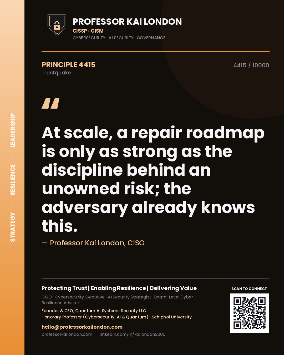 Professor Kai London principle 4415: At scale, a repair roadmap is only as strong as the discipline behind an unowned risk; the adversary already knows this.