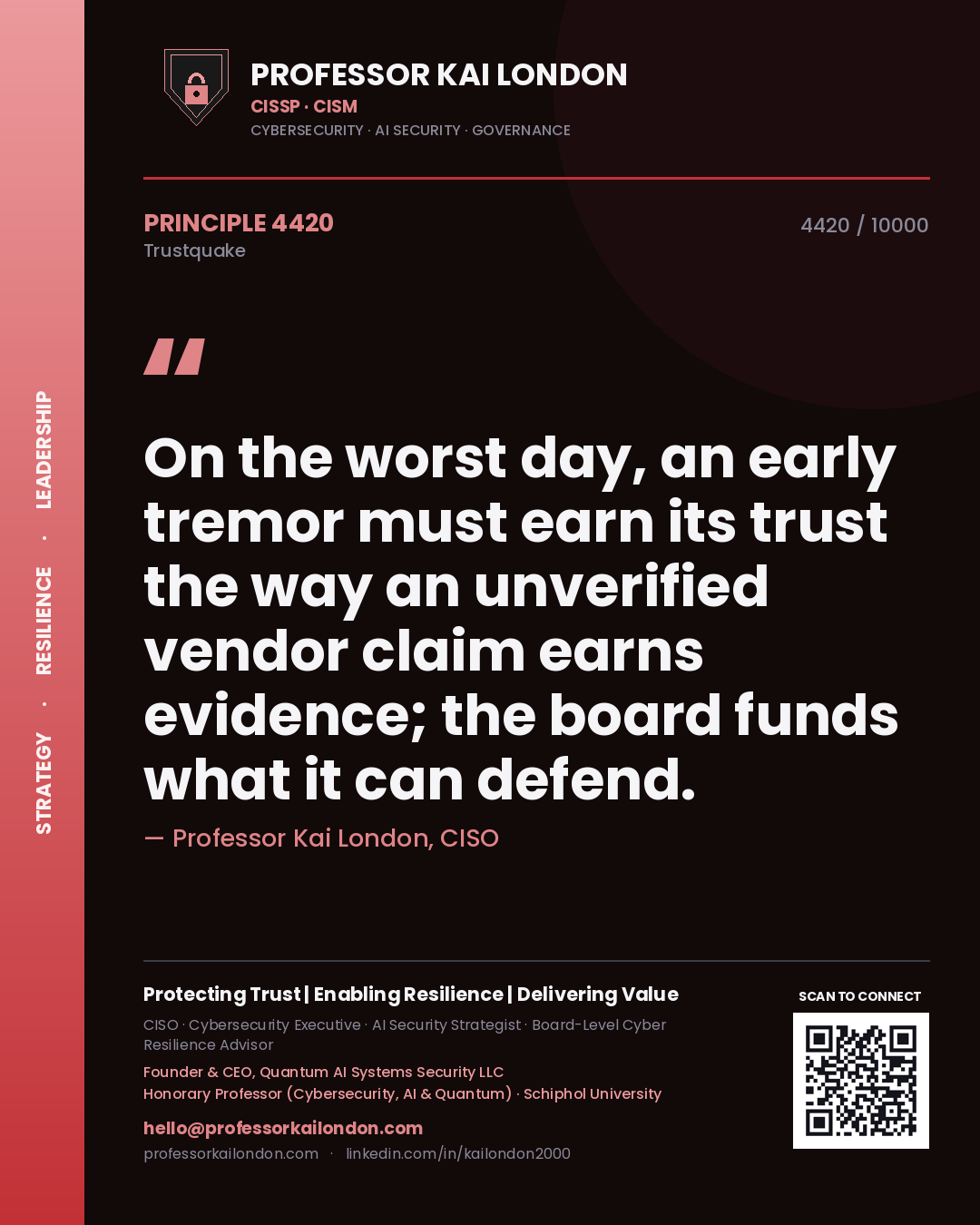 Quote card by Professor Kai London reading 'On the worst day, an early tremor must earn its trust the way an unverified vendor claim earns evidence; the board funds what it can defend.'. From the book Trustquake.