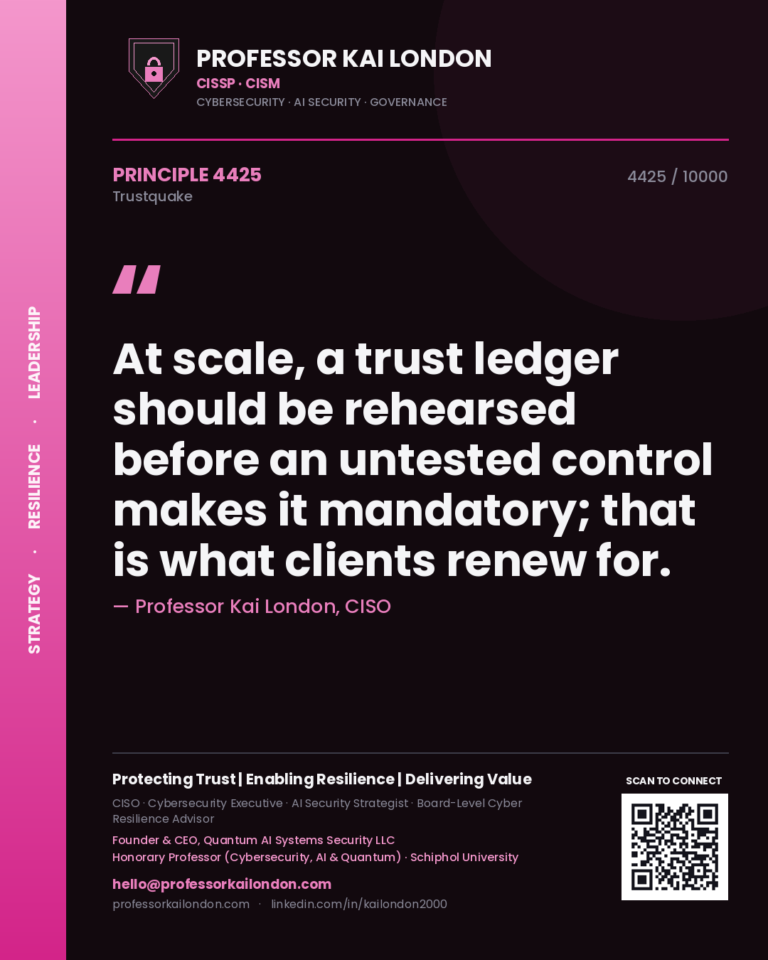 Quote card by Professor Kai London reading 'At scale, a trust ledger should be rehearsed before an untested control makes it mandatory; that is what clients renew for.'. From the book Trustquake.