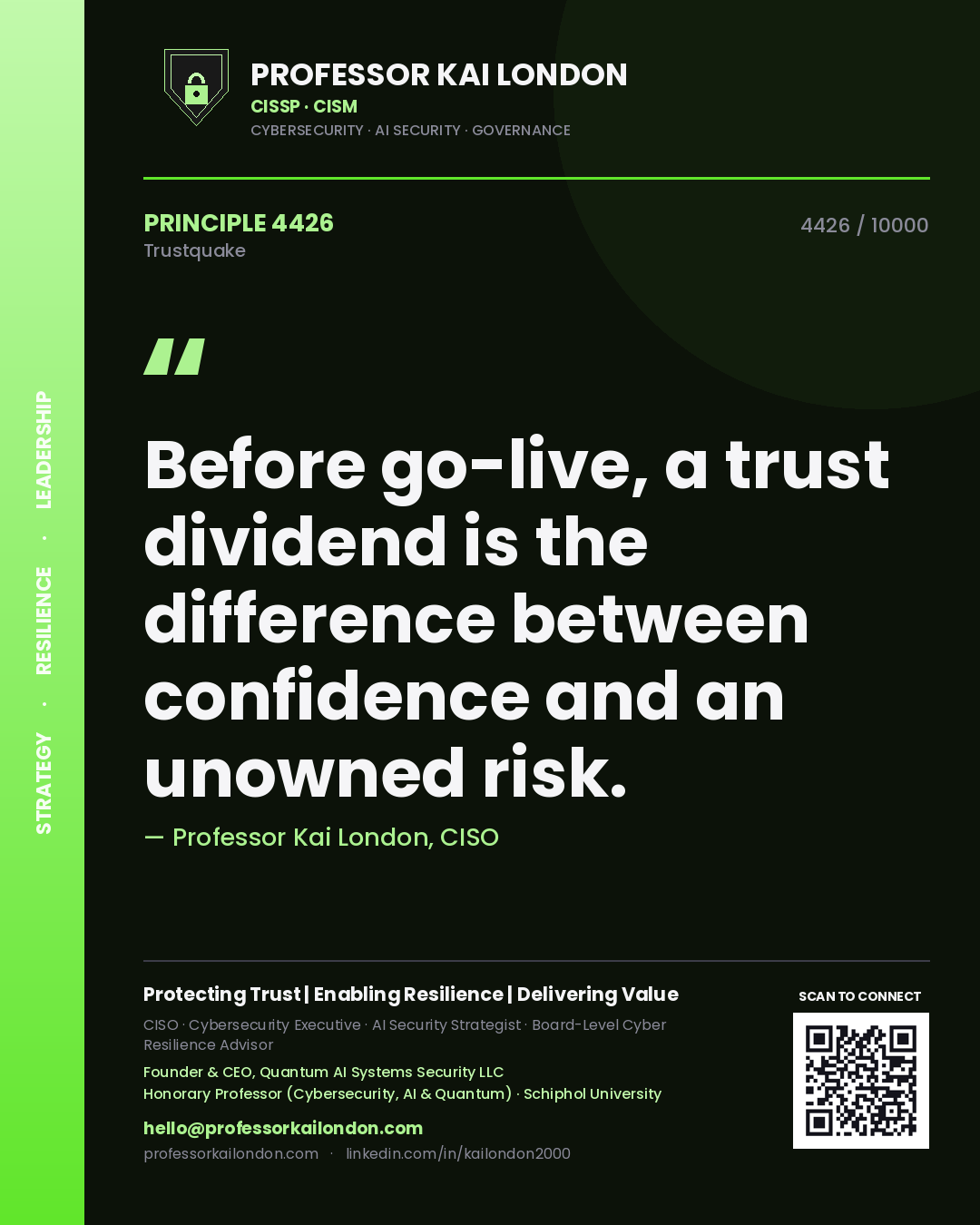 Professor Kai London principle 4426: Before go-live, a trust dividend is the difference between confidence and an unowned risk.