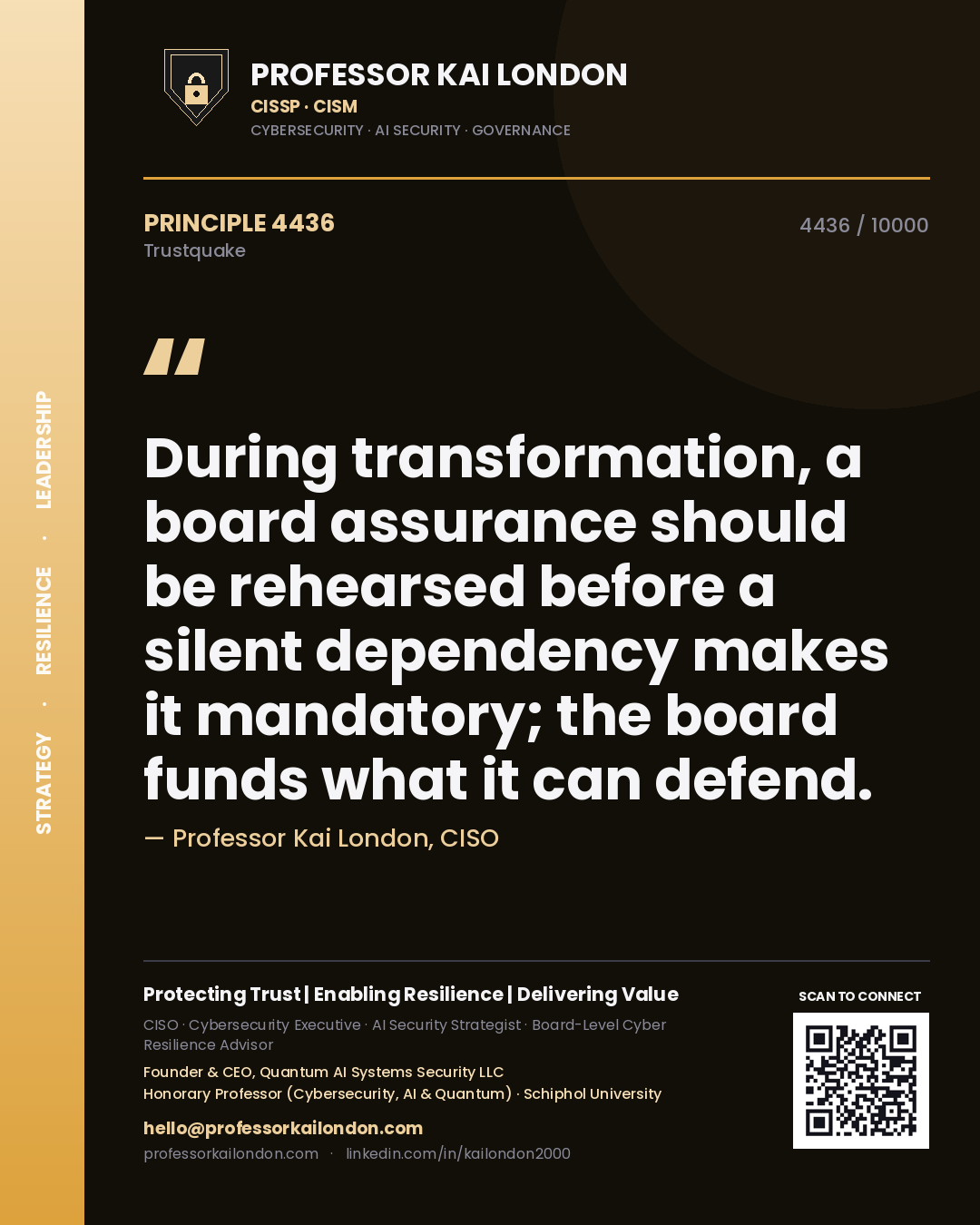 Quote card by Professor Kai London reading 'During transformation, a board assurance should be rehearsed before a silent dependency makes it mandatory; the board funds what it can defend.'. From the book Trustquake.