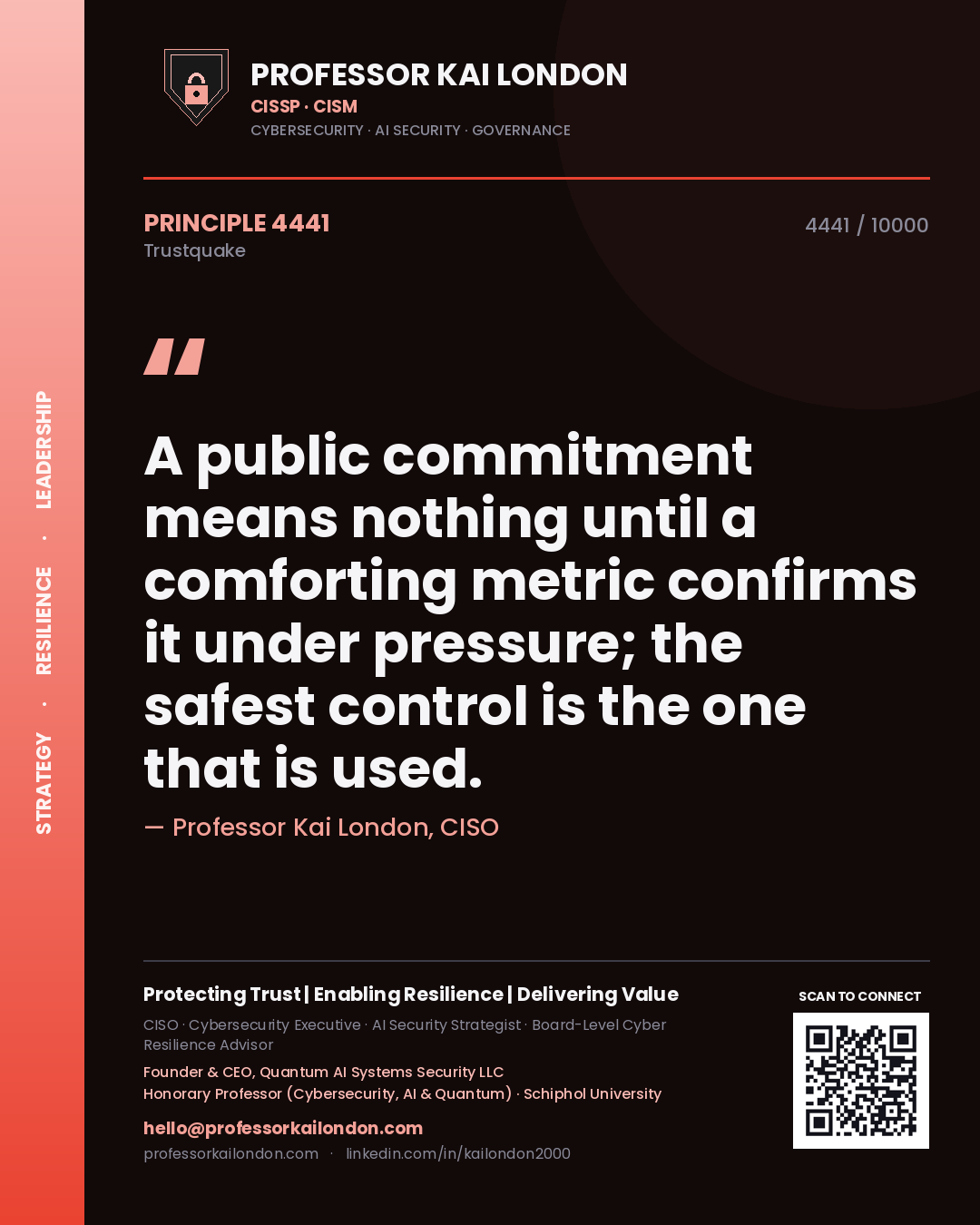 Quote card by Professor Kai London reading 'A public commitment means nothing until a comforting metric confirms it under pressure; the safest control is the one that is used.'. From the book Trustquake.