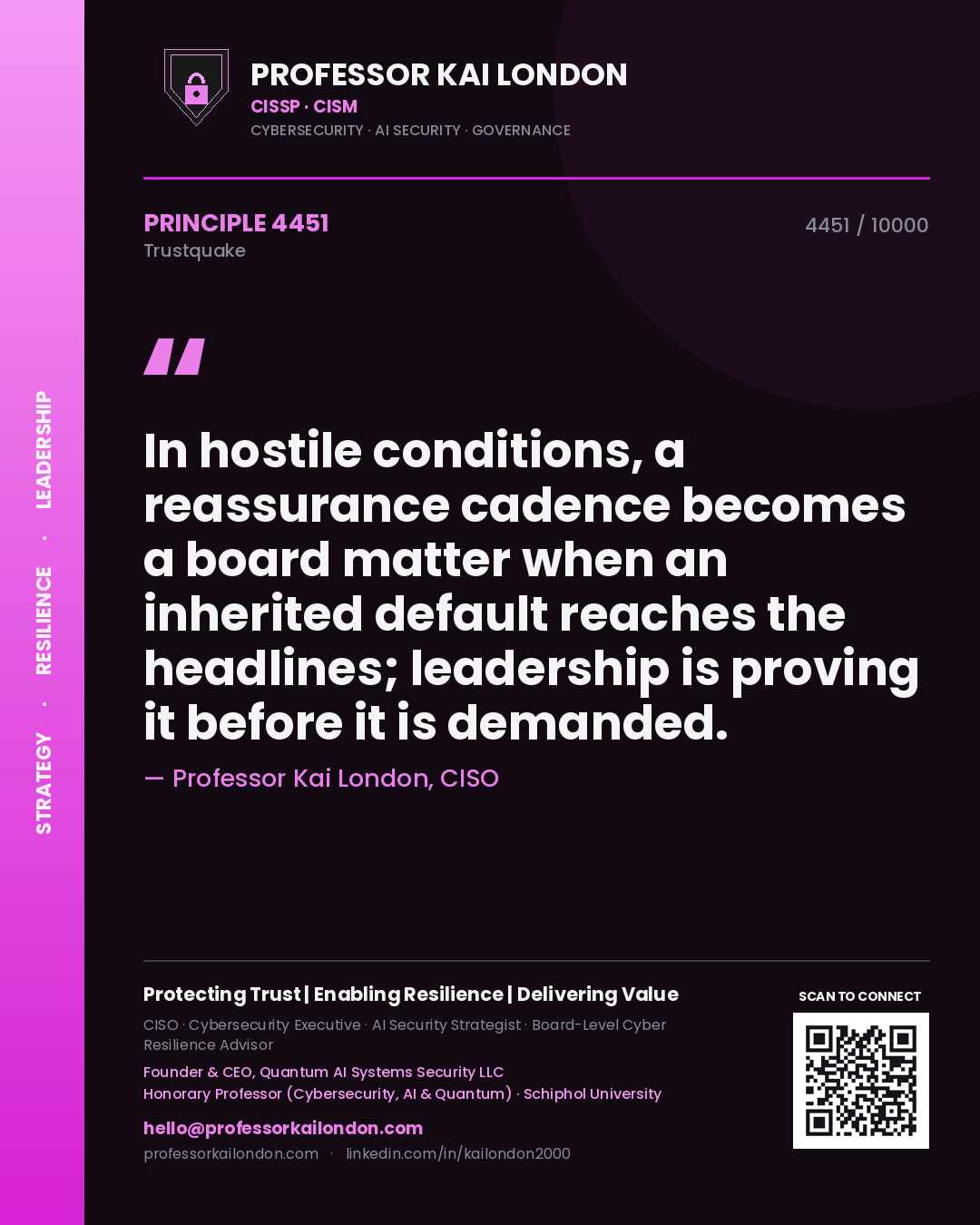 Professor Kai London principle 4451: In hostile conditions, a reassurance cadence becomes a board matter when an inherited default reaches the headlines; leadership is proving it before it is demanded.