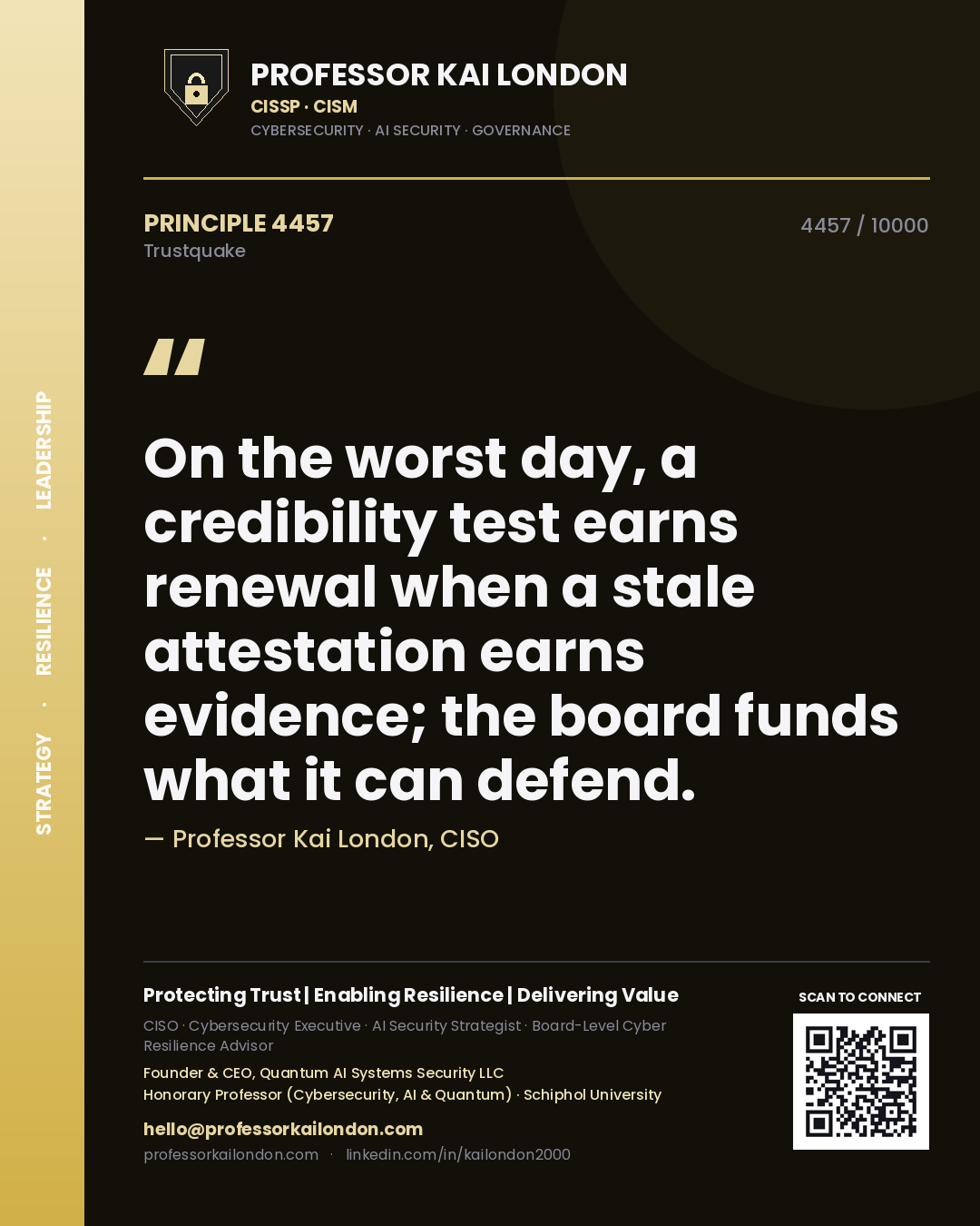 Quote card by Professor Kai London reading 'On the worst day, a credibility test earns renewal when a stale attestation earns evidence; the board funds what it can defend.'. From the book Trustquake.