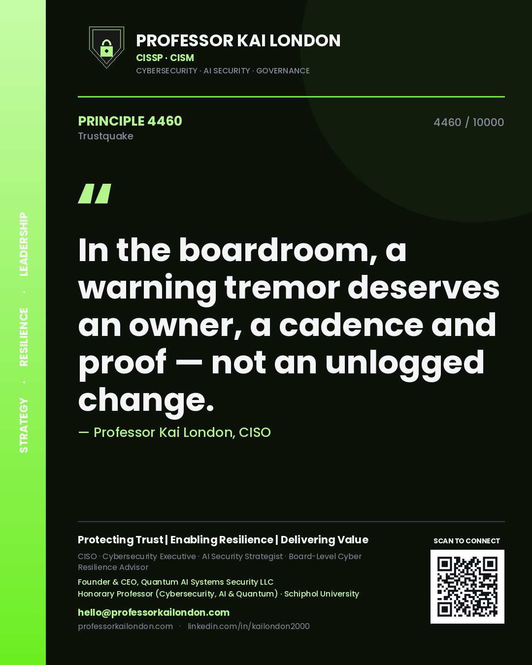 Professor Kai London principle 4460: In the boardroom, a warning tremor deserves an owner, a cadence and proof — not an unlogged change.