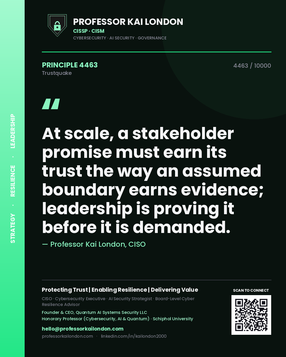 Quote card by Professor Kai London reading 'At scale, a stakeholder promise must earn its trust the way an assumed boundary earns evidence; leadership is proving it before it is demanded.'. From the book Trustquake.
