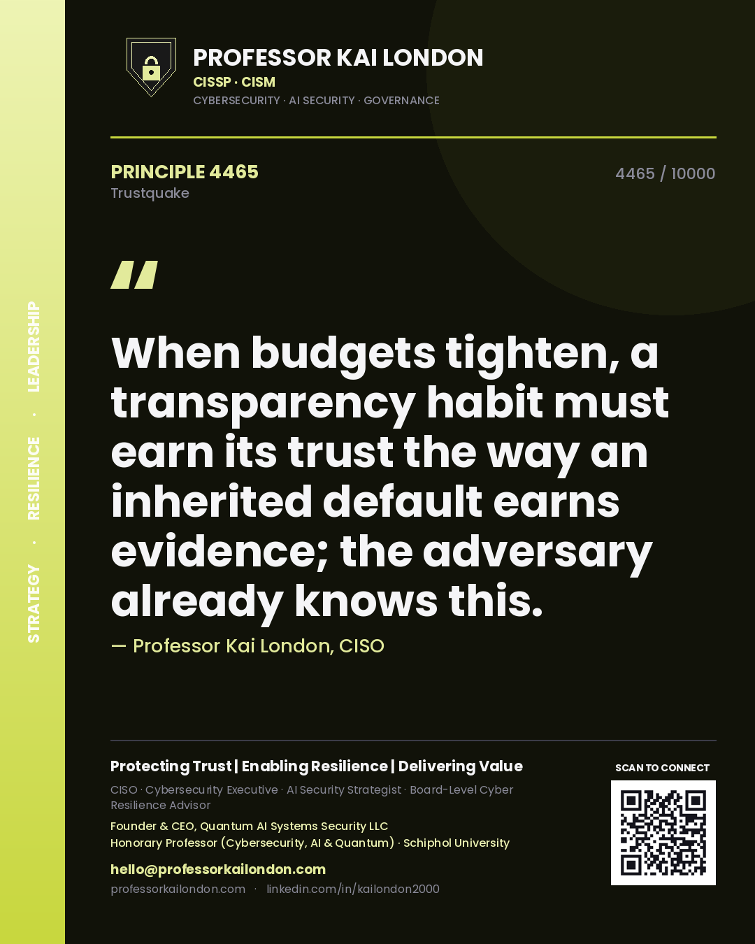 Quote card by Professor Kai London reading 'When budgets tighten, a transparency habit must earn its trust the way an inherited default earns evidence; the adversary already knows this.'. From the book Trustquake.