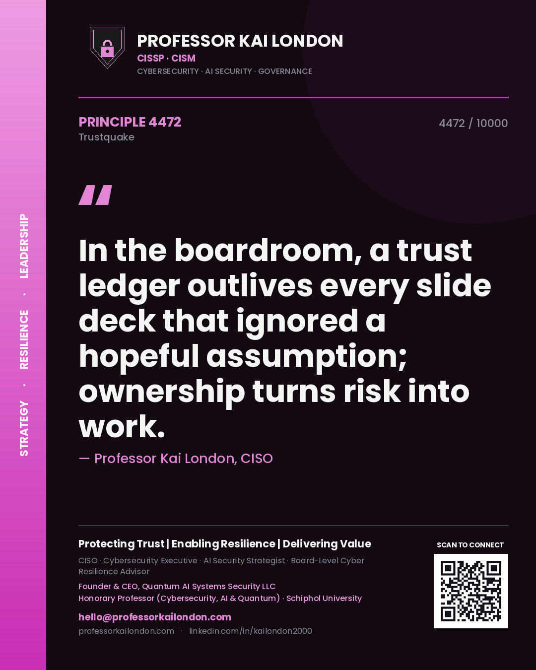 Quote card by Professor Kai London reading 'In the boardroom, a trust ledger outlives every slide deck that ignored a hopeful assumption; ownership turns risk into work.'. From the book Trustquake.