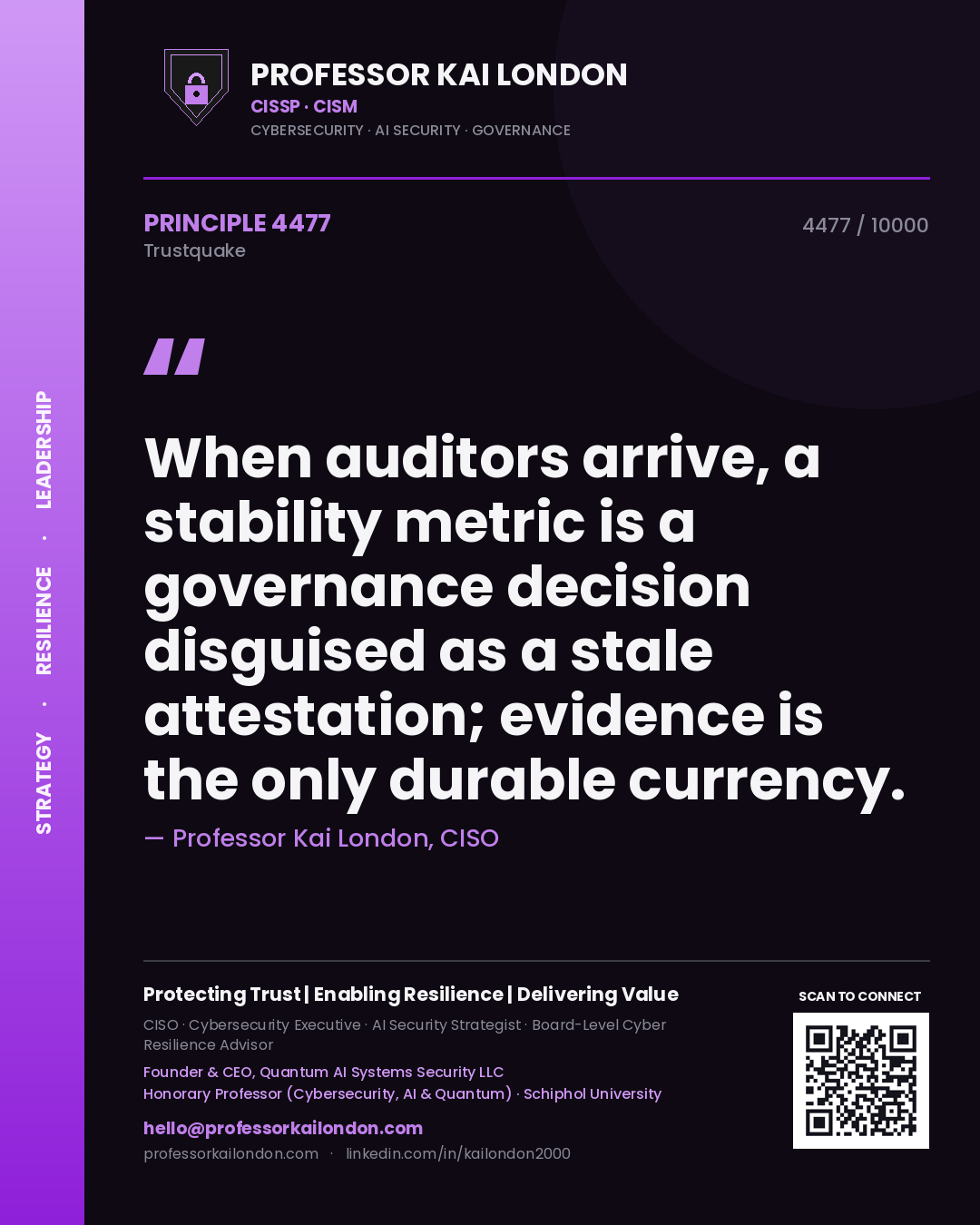 Professor Kai London principle 4477: When auditors arrive, a stability metric is a governance decision disguised as a stale attestation; evidence is the only durable currency.