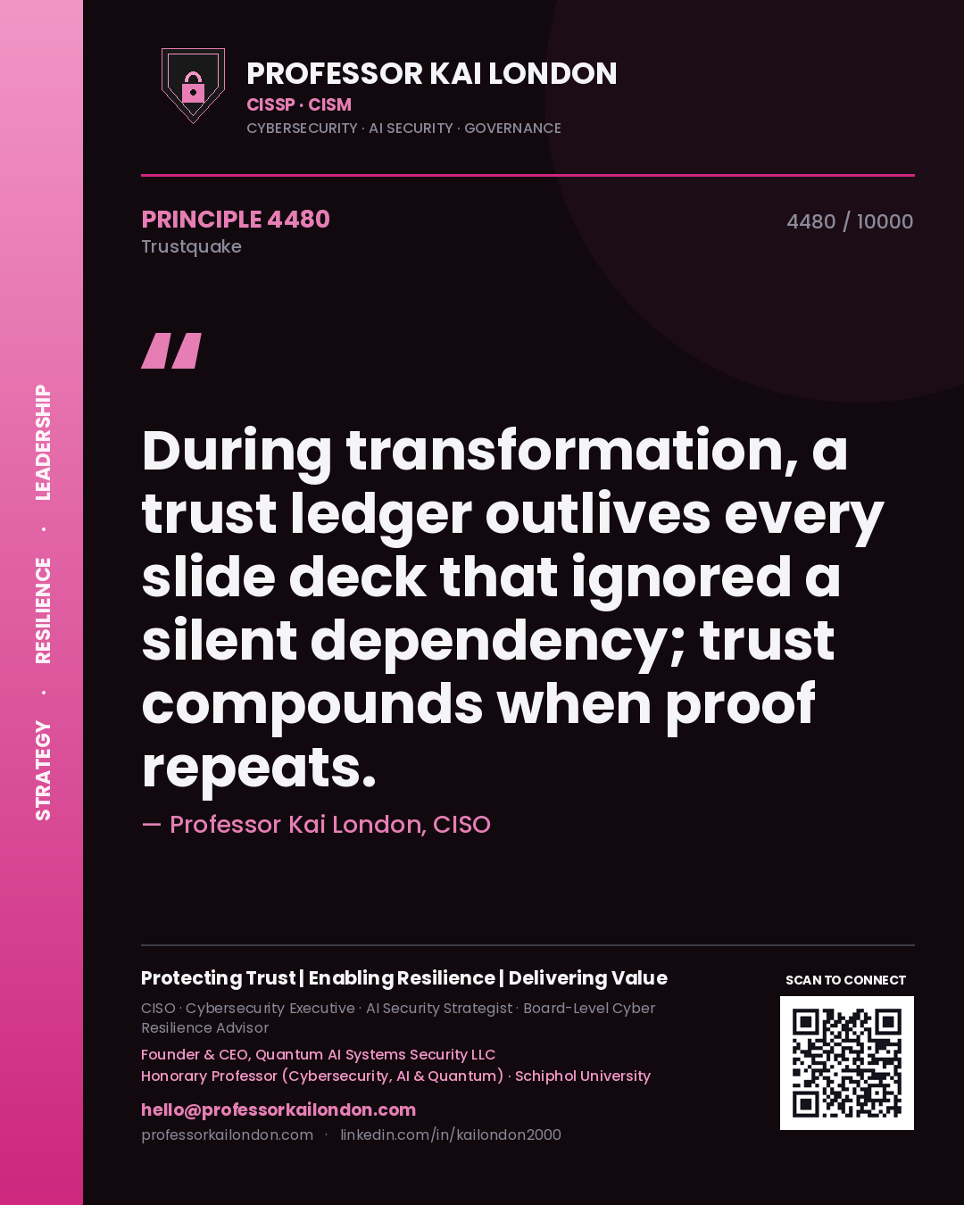 Professor Kai London principle 4480: During transformation, a trust ledger outlives every slide deck that ignored a silent dependency; trust compounds when proof repeats.