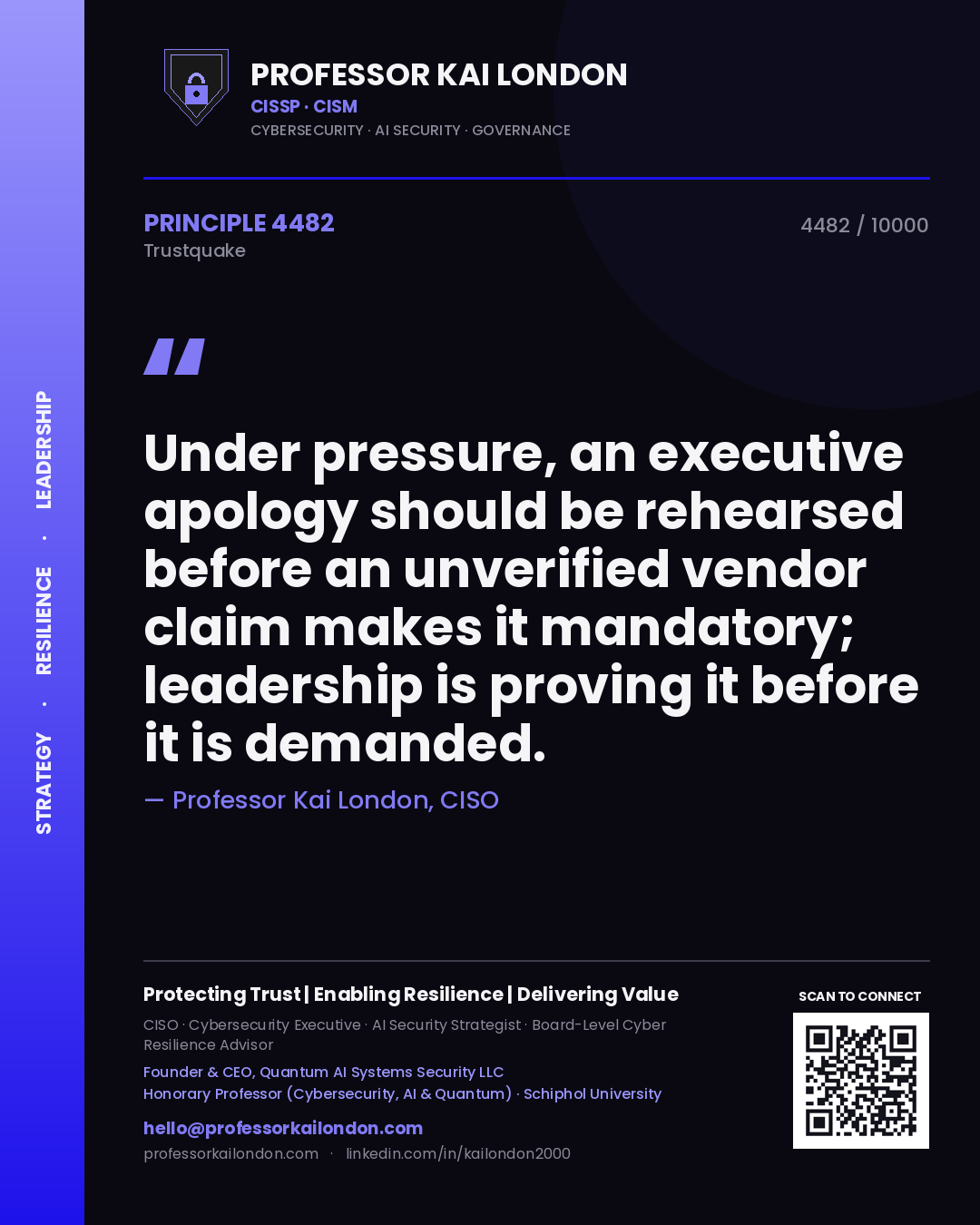 Professor Kai London principle 4482: Under pressure, an executive apology should be rehearsed before an unverified vendor claim makes it mandatory; leadership is proving it before it is demanded.