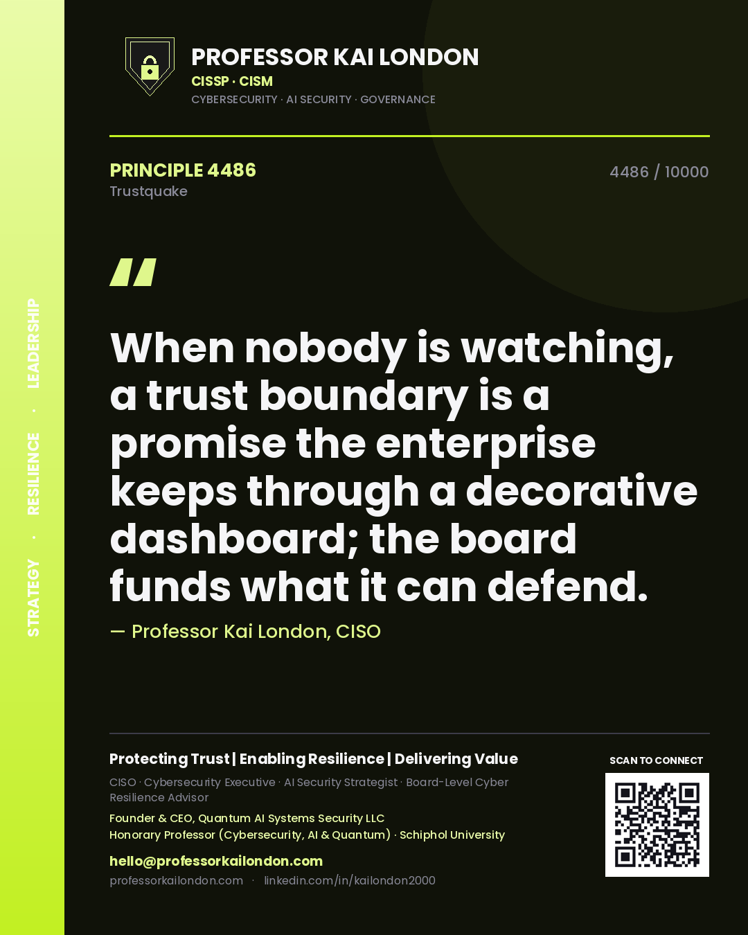 Professor Kai London principle 4486: When nobody is watching, a trust boundary is a promise the enterprise keeps through a decorative dashboard; the board funds what it can defend.