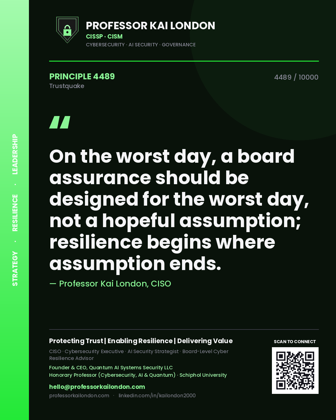 Quote card by Professor Kai London reading 'On the worst day, a board assurance should be designed for the worst day, not a hopeful assumption; resilience begins where assumption ends.'. From the book Trustquake.