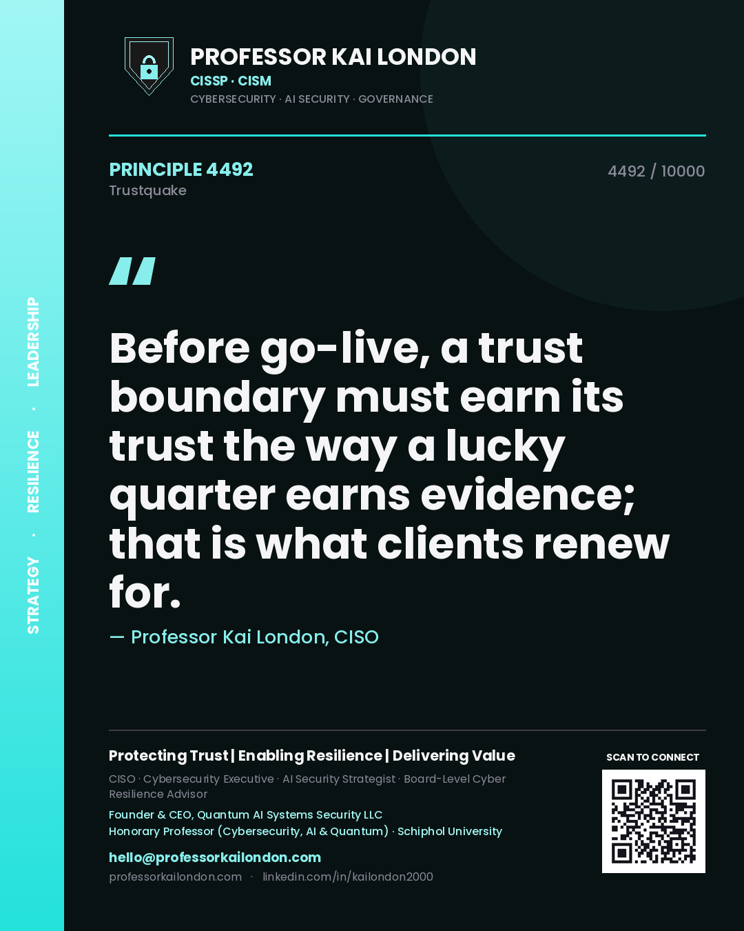 Quote card by Professor Kai London reading 'Before go-live, a trust boundary must earn its trust the way a lucky quarter earns evidence; that is what clients renew for.'. From the book Trustquake.