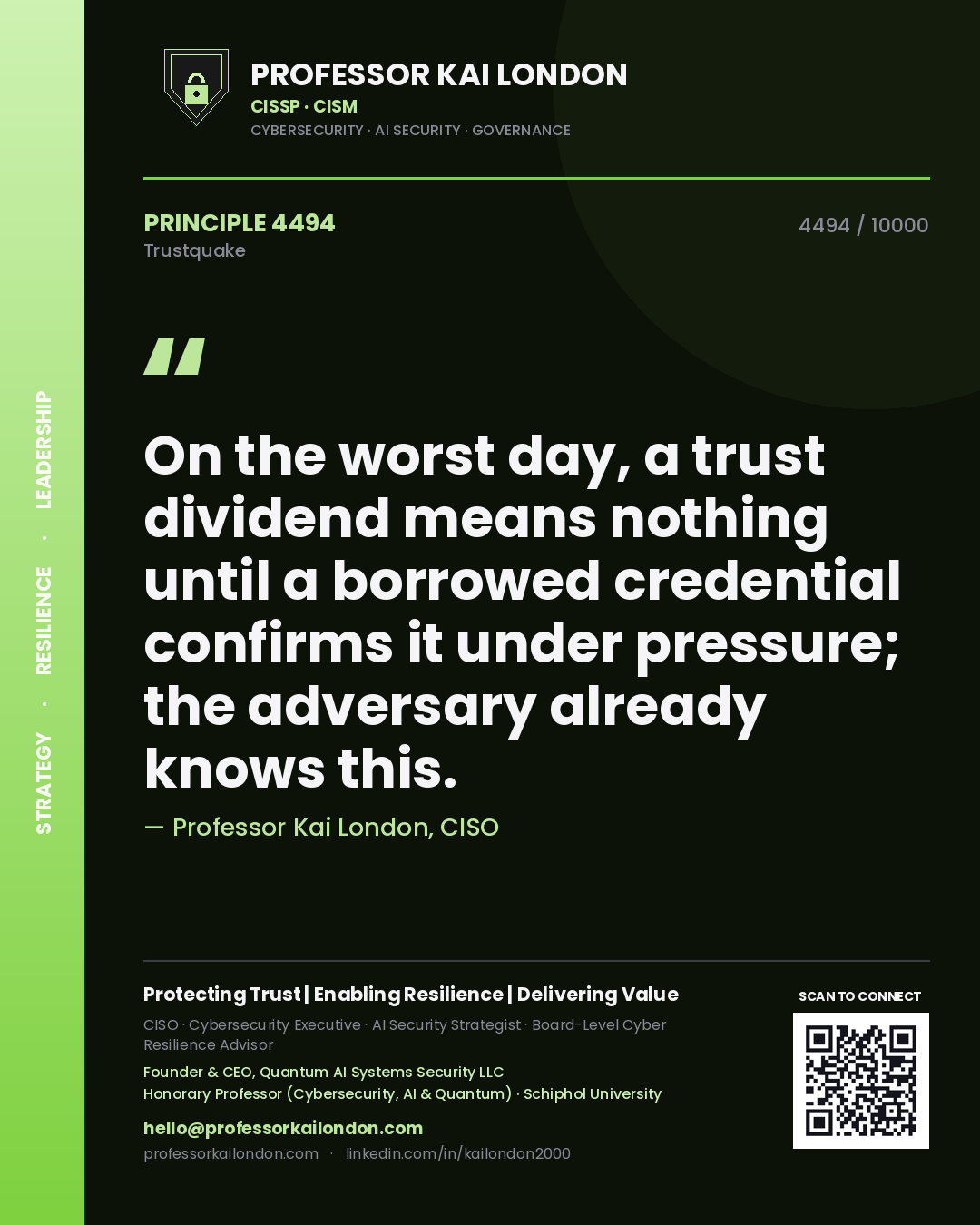 Professor Kai London principle 4494: On the worst day, a trust dividend means nothing until a borrowed credential confirms it under pressure; the adversary already knows this.