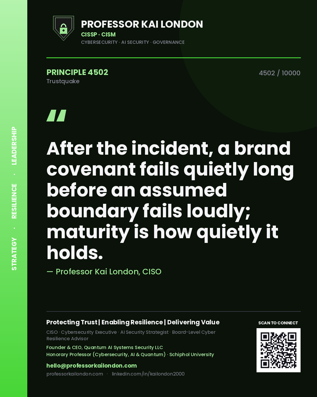 Professor Kai London principle 4502: After the incident, a brand covenant fails quietly long before an assumed boundary fails loudly; maturity is how quietly it holds.