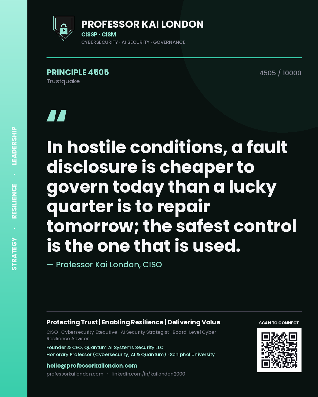 Quote card by Professor Kai London reading 'In hostile conditions, a fault disclosure is cheaper to govern today than a lucky quarter is to repair tomorrow; the safest control is the one that is used.'. From the book Trustquake.