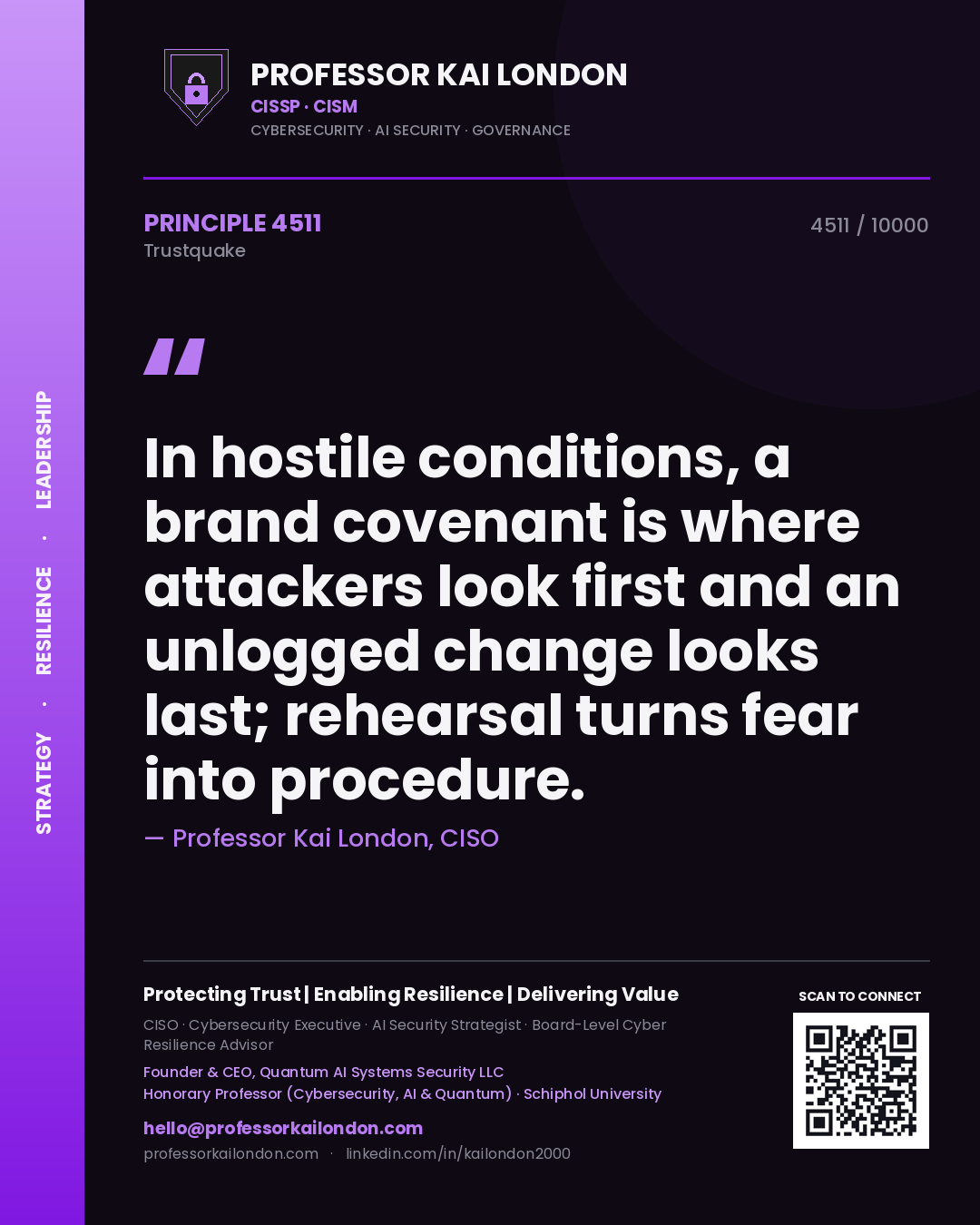 Professor Kai London principle 4511: In hostile conditions, a brand covenant is where attackers look first and an unlogged change looks last; rehearsal turns fear into procedure.