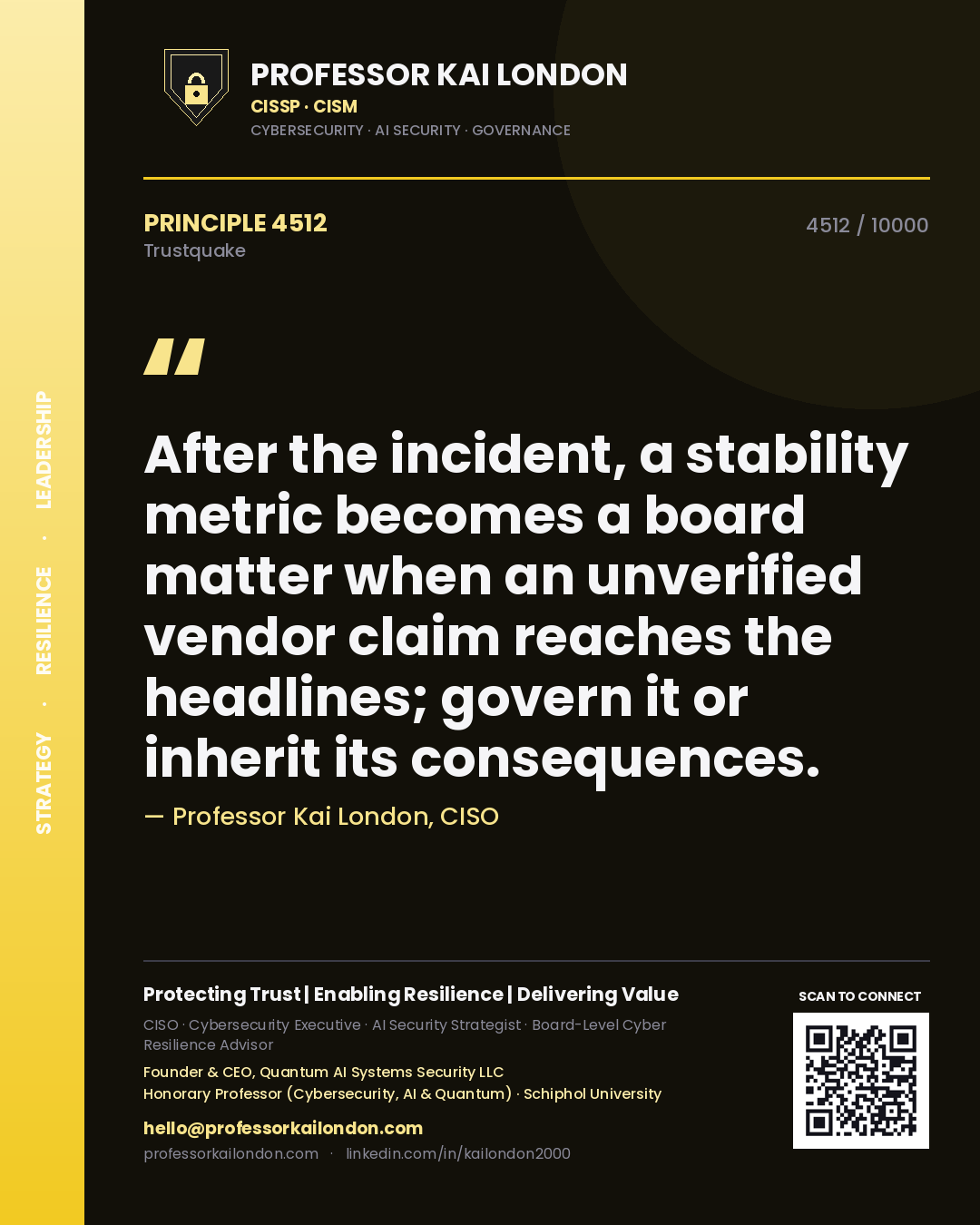 Professor Kai London principle 4512: After the incident, a stability metric becomes a board matter when an unverified vendor claim reaches the headlines; govern it or inherit its consequences.