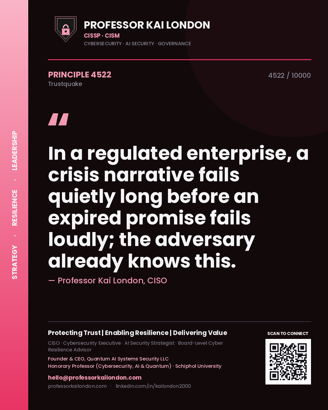 Professor Kai London principle 4522: In a regulated enterprise, a crisis narrative fails quietly long before an expired promise fails loudly; the adversary already knows this.