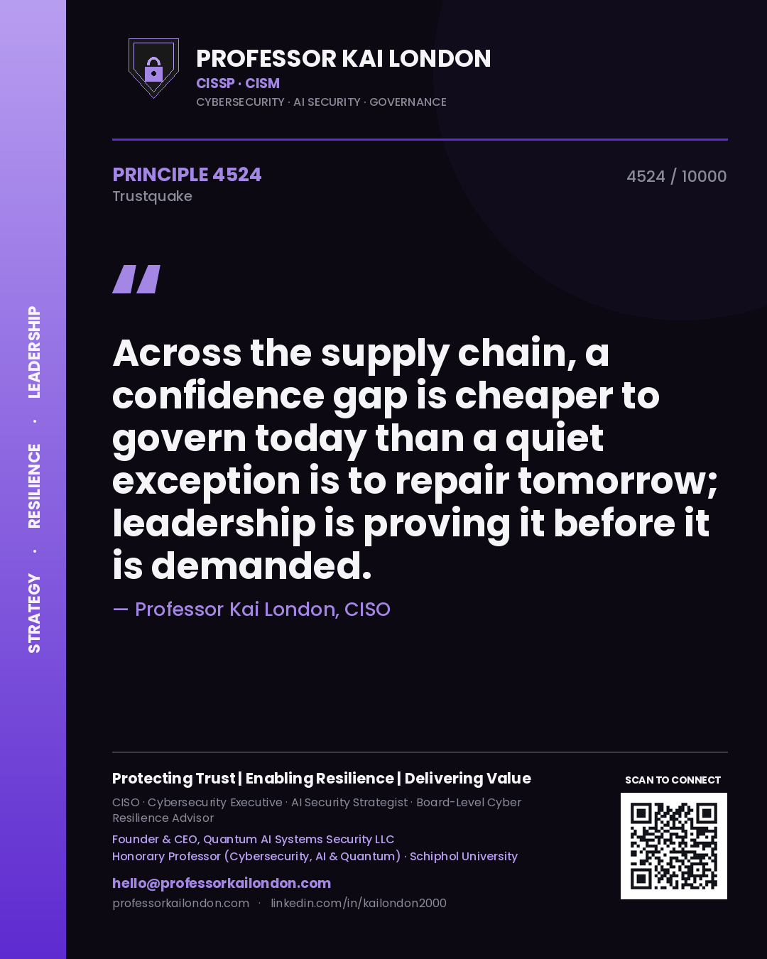 Professor Kai London principle 4524: Across the supply chain, a confidence gap is cheaper to govern today than a quiet exception is to repair tomorrow; leadership is proving it before it is demanded.