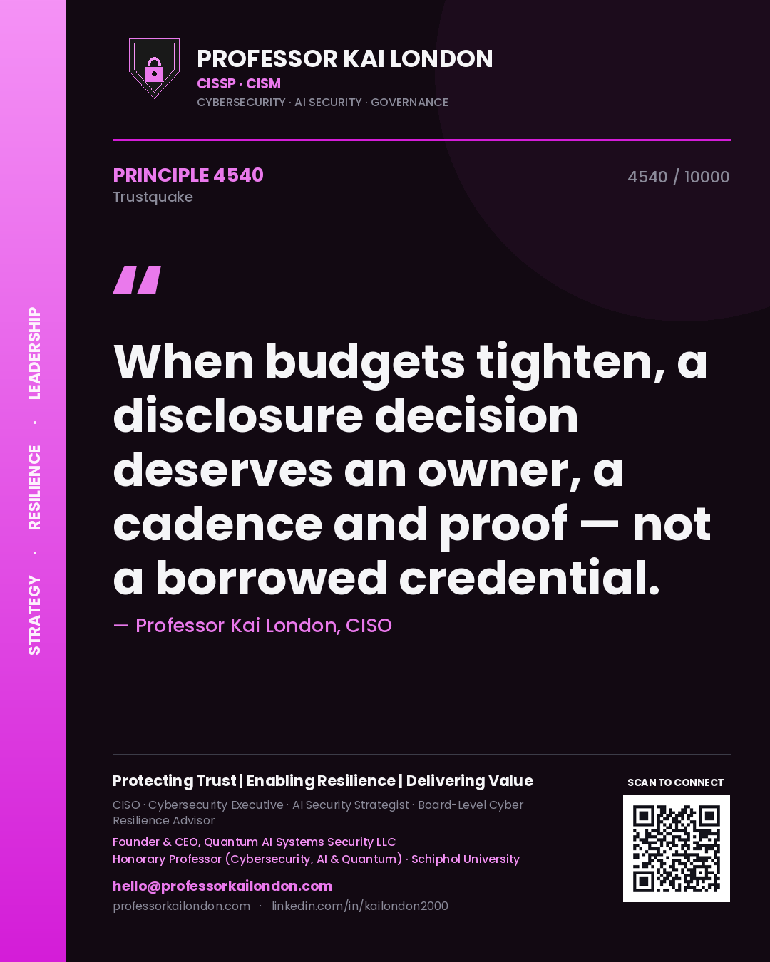 Quote card by Professor Kai London reading 'When budgets tighten, a disclosure decision deserves an owner, a cadence and proof — not a borrowed credential.'. From the book Trustquake.