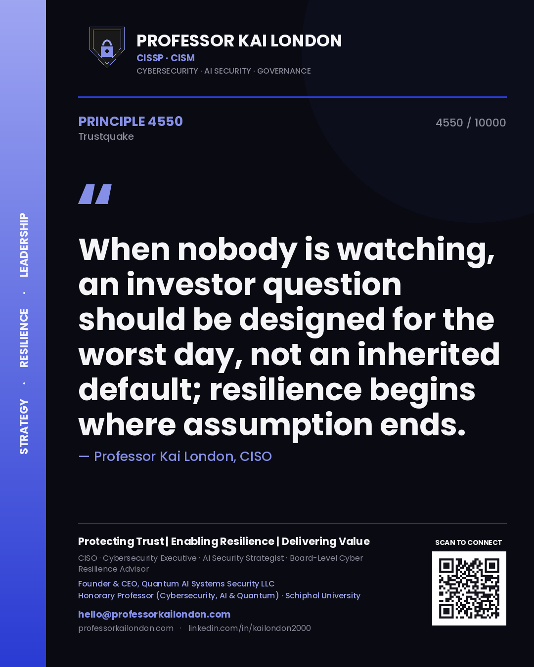 Quote card by Professor Kai London reading 'When nobody is watching, an investor question should be designed for the worst day, not an inherited default; resilience begins where assumption ends.'. From the book Trustquake.