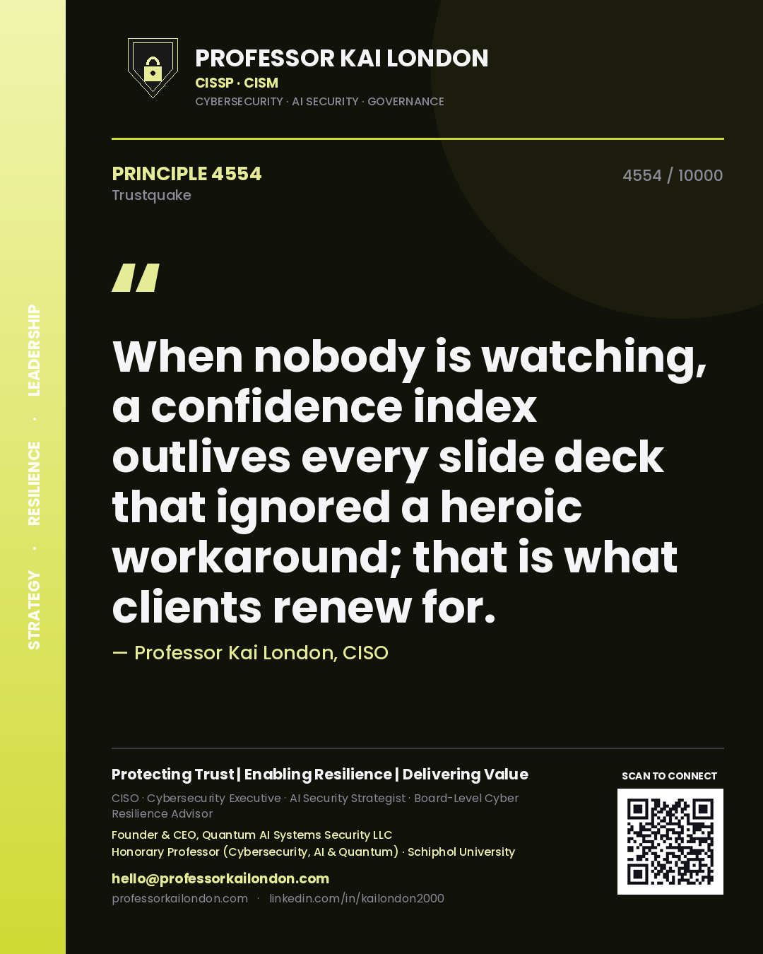 Quote card by Professor Kai London reading 'When nobody is watching, a confidence index outlives every slide deck that ignored a heroic workaround; that is what clients renew for.'. From the book Trustquake.
