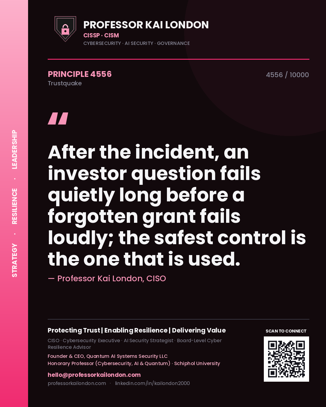 Professor Kai London principle 4556: After the incident, an investor question fails quietly long before a forgotten grant fails loudly; the safest control is the one that is used.