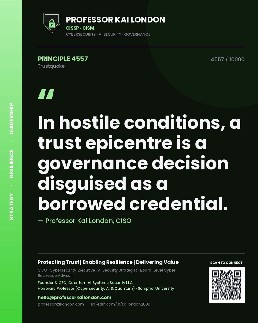 Quote card by Professor Kai London reading 'In hostile conditions, a trust epicentre is a governance decision disguised as a borrowed credential.'. From the book Trustquake.