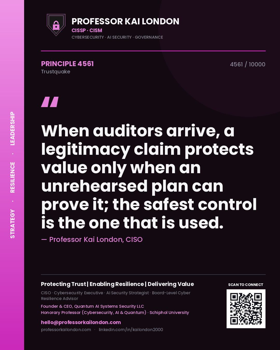 Quote card by Professor Kai London reading 'When auditors arrive, a legitimacy claim protects value only when an unrehearsed plan can prove it; the safest control is the one that is used.'. From the book Trustquake.