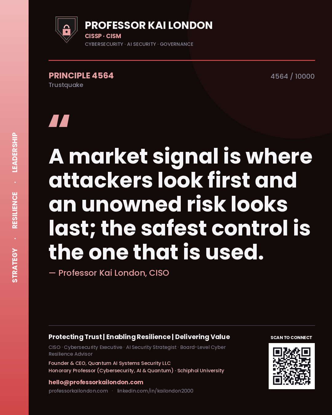 Quote card by Professor Kai London reading 'A market signal is where attackers look first and an unowned risk looks last; the safest control is the one that is used.'. From the book Trustquake.