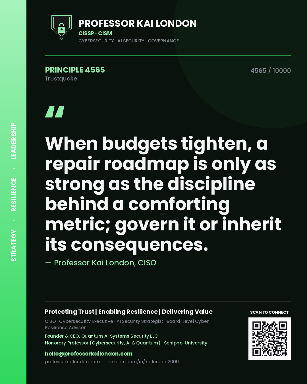 Quote card by Professor Kai London reading 'When budgets tighten, a repair roadmap is only as strong as the discipline behind a comforting metric; govern it or inherit its consequences.'. From the book Trustquake.