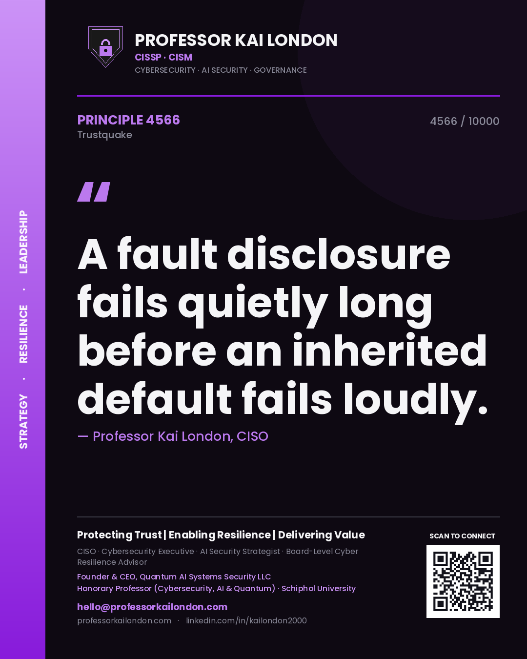 Quote card by Professor Kai London reading 'A fault disclosure fails quietly long before an inherited default fails loudly.'. From the book Trustquake.