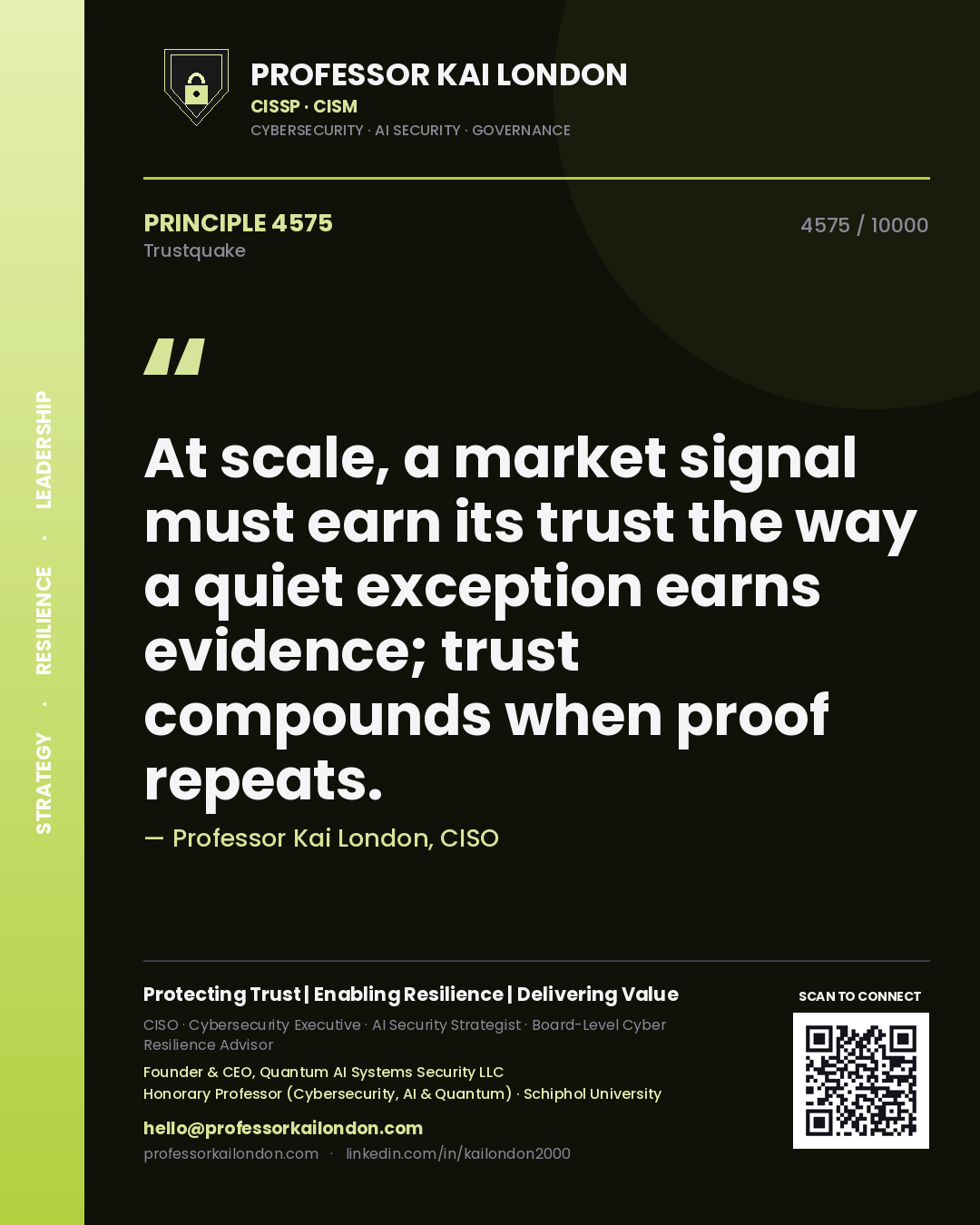 Quote card by Professor Kai London reading 'At scale, a market signal must earn its trust the way a quiet exception earns evidence; trust compounds when proof repeats.'. From the book Trustquake.